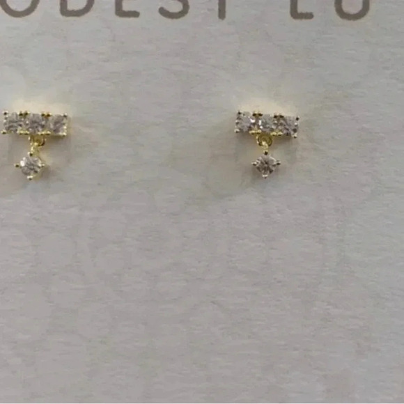 18K Gold Crystal Bar Dangle Huggie Earrings Brand New - Picture 3 of 4